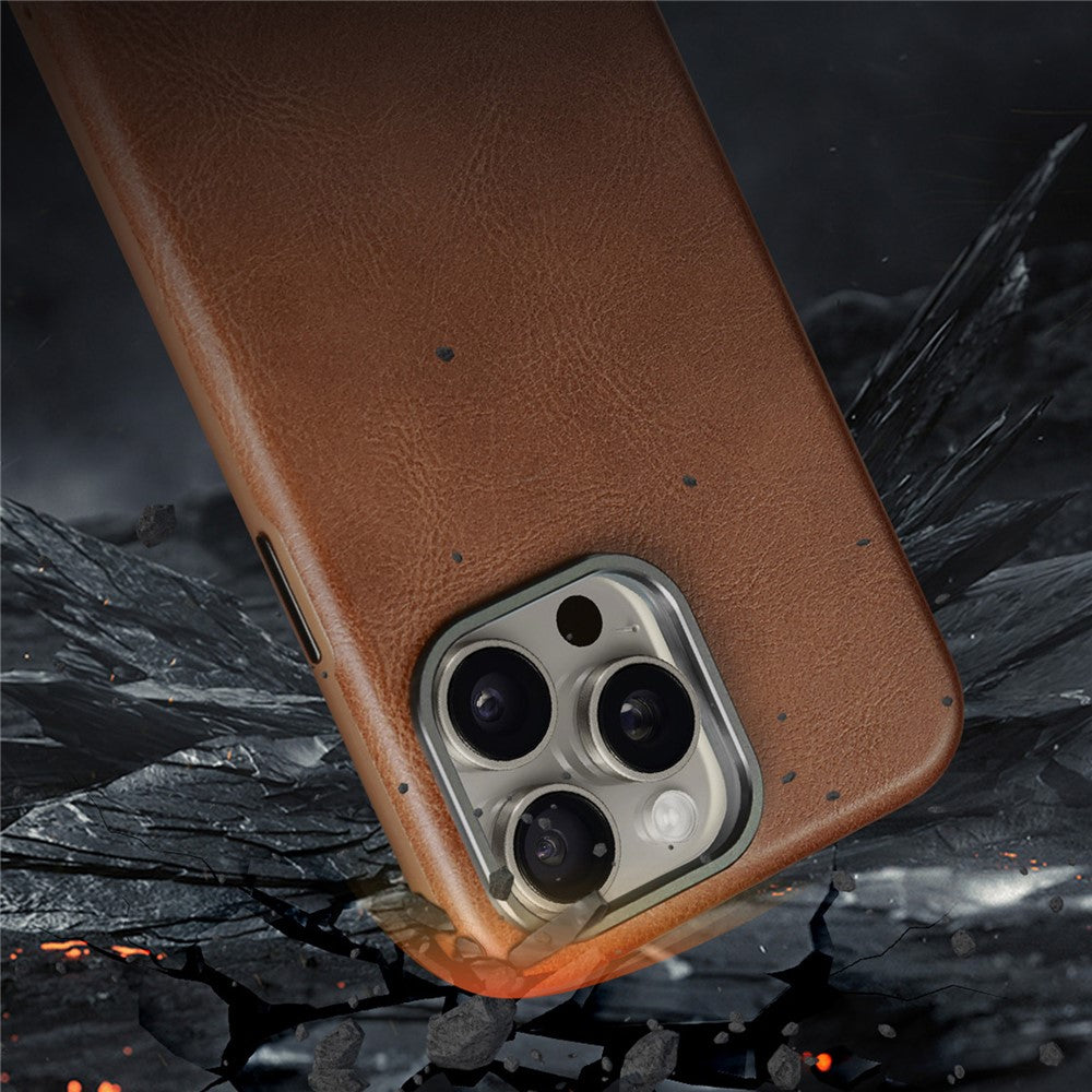 JINDUKA J4 Til iPhone 15 Pro Magnetisk Cover Metal Linseramme Læderbelagt TPU + PC Telefoncover