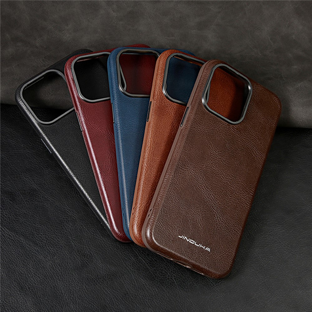 JINDUKA J4 Til iPhone 15 Pro Magnetisk Cover Metal Linseramme Læderbelagt TPU + PC Telefoncover