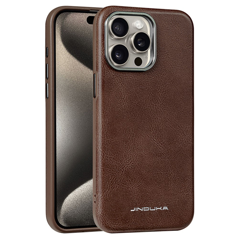 JINDUKA J4 Til iPhone 15 Pro Magnetisk Cover Metal Linseramme Læderbelagt TPU + PC Telefoncover