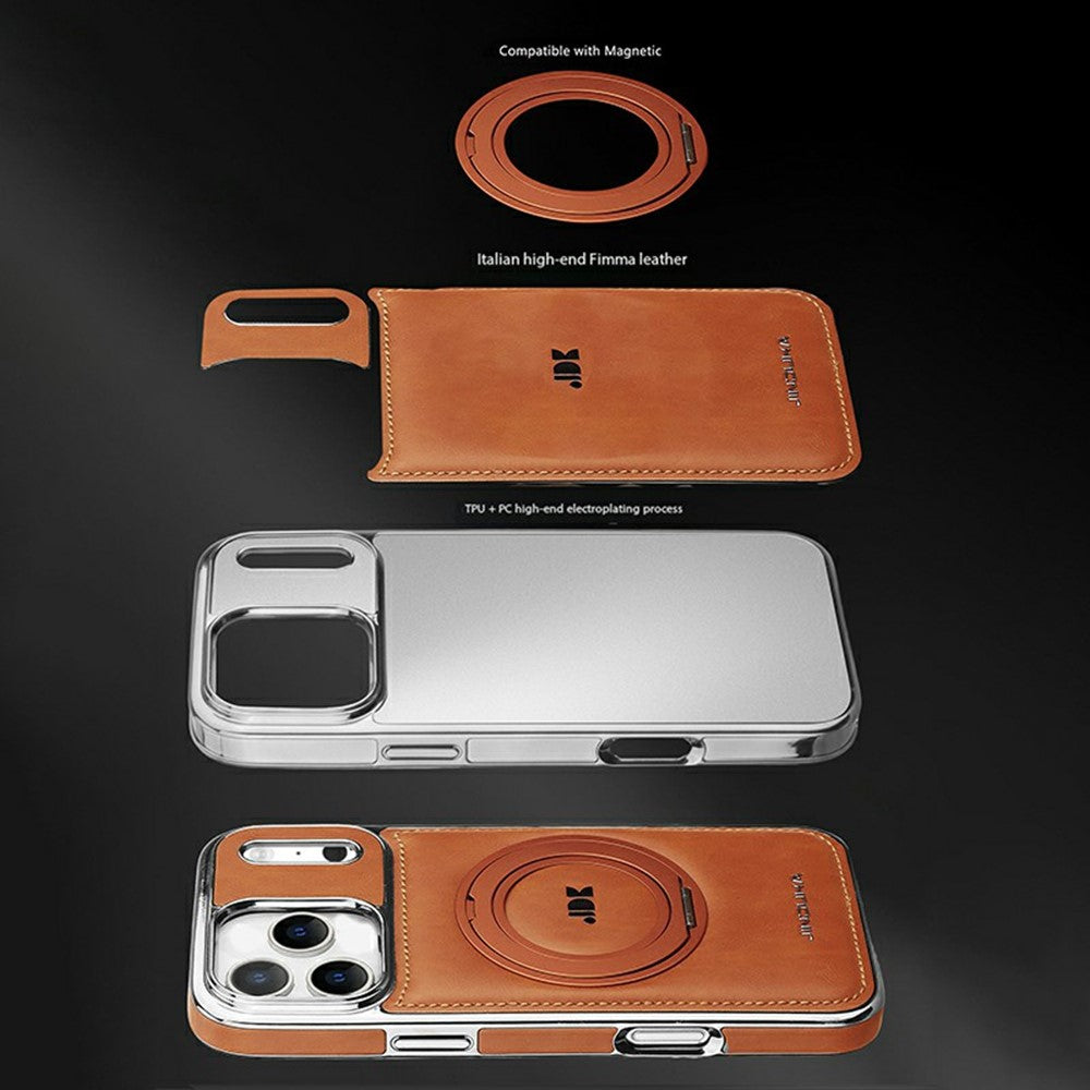 JINDUKA J9 til iPhone 18 Pro Max / 17 Pro Max Magnetisk Cover Roterende Støtteben Elektrobelagt Læderbelagt TPU + PC Cover