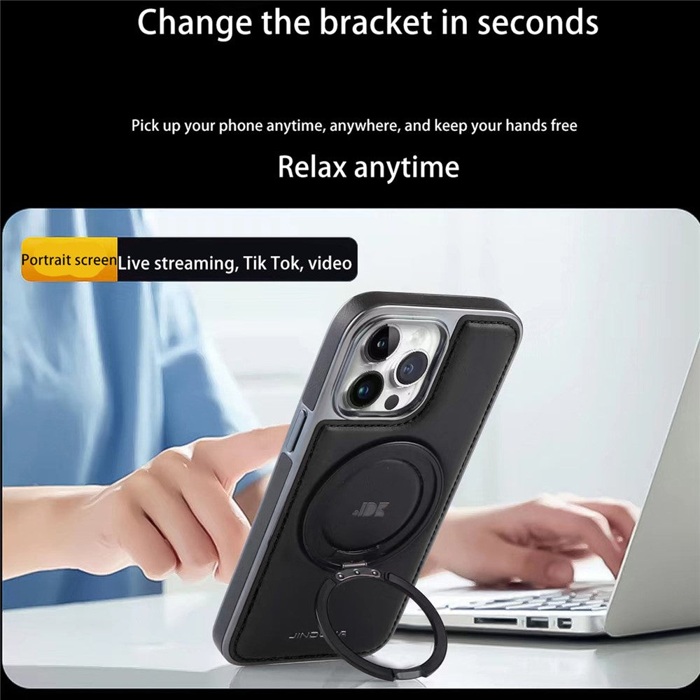 JINDUKA J9 til iPhone 15 Pro Max magnetisk cover med roterende støttefod, galvaniseret læderbelagt TPU + PC-cover