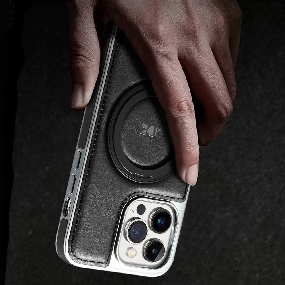 JINDUKA J9 til iPhone 15 Pro Max magnetisk cover med roterende støttefod, galvaniseret læderbelagt TPU + PC-cover