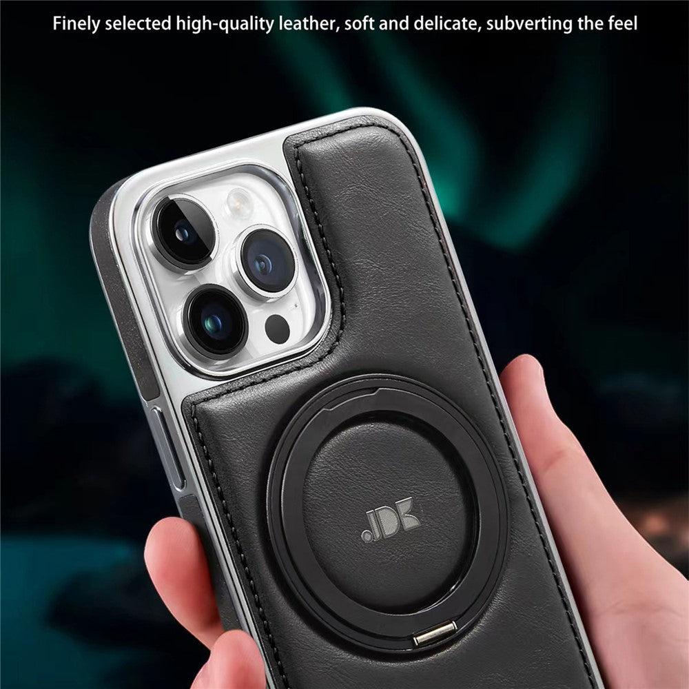 JINDUKA J9 til iPhone 15 Pro Max magnetisk cover med roterende støttefod, galvaniseret læderbelagt TPU + PC-cover