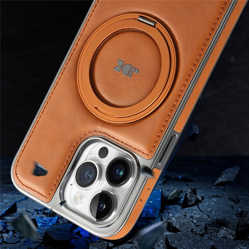 JINDUKA J9 til iPhone 15 Pro Max magnetisk cover med roterende støttefod, galvaniseret læderbelagt TPU + PC-cover