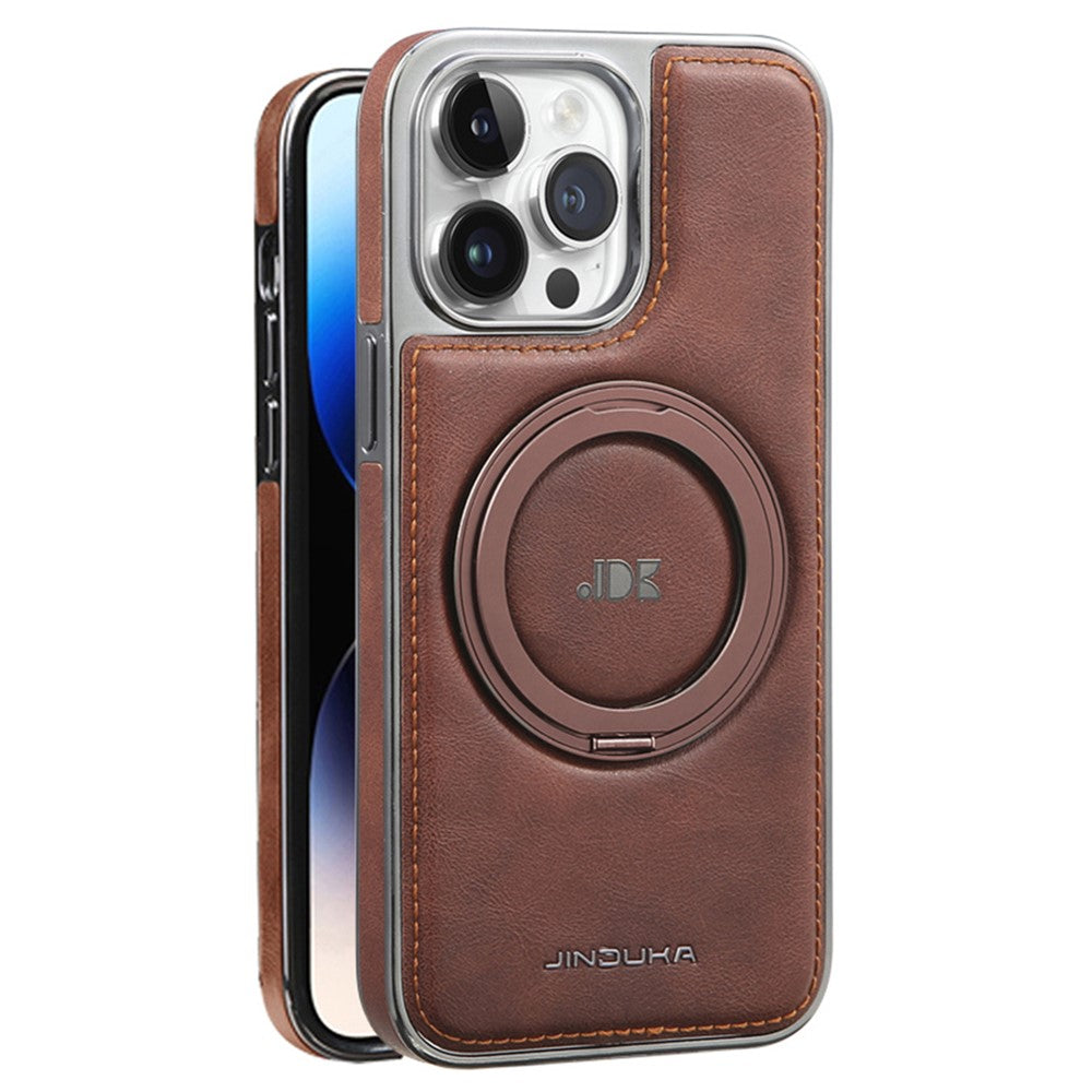 JINDUKA J9 til iPhone 15 Pro Max magnetisk cover med roterende støttefod, galvaniseret læderbelagt TPU + PC-cover