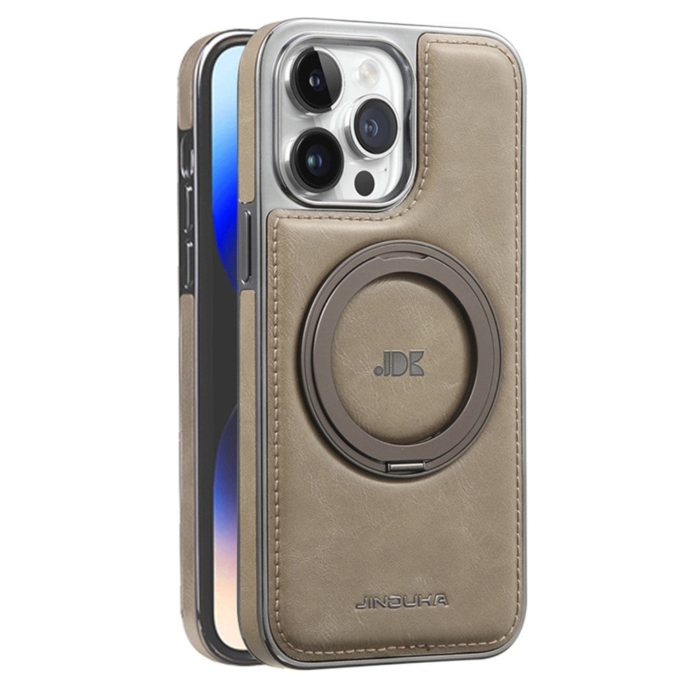 JINDUKA J9 til iPhone 15 Pro Max magnetisk cover med roterende støttefod, galvaniseret læderbelagt TPU + PC-cover