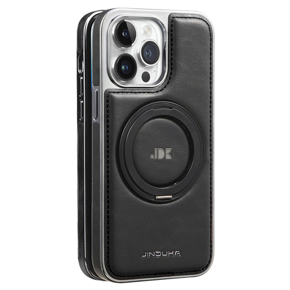 JINDUKA J9 For iPhone 13 Pro Max Magnetic Case Rotating Kickstand Electroplated Leather Coated TPU + PC Cover