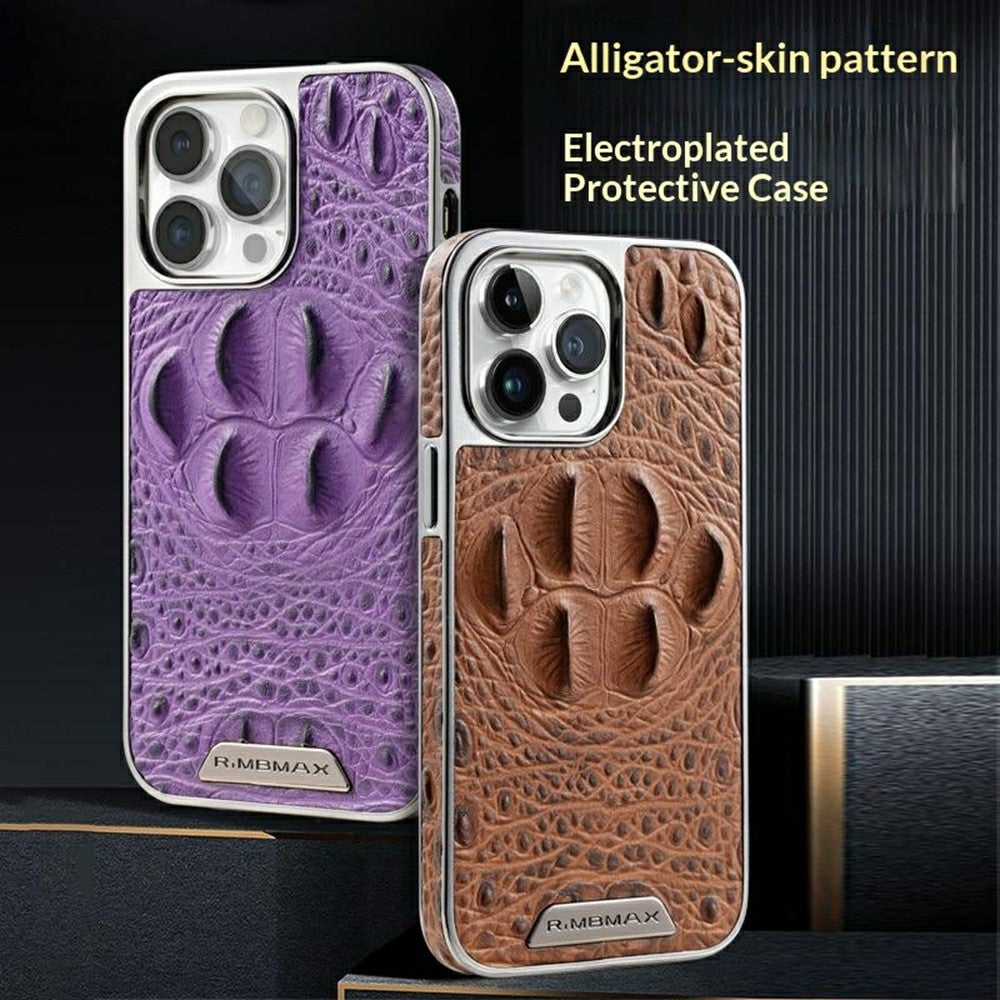 RMBMAX M2 for iPhone 15 Pro Max Case Crocodile Pattern Genuine Cow Leather Shock-Absorbent Phone Back Cover
