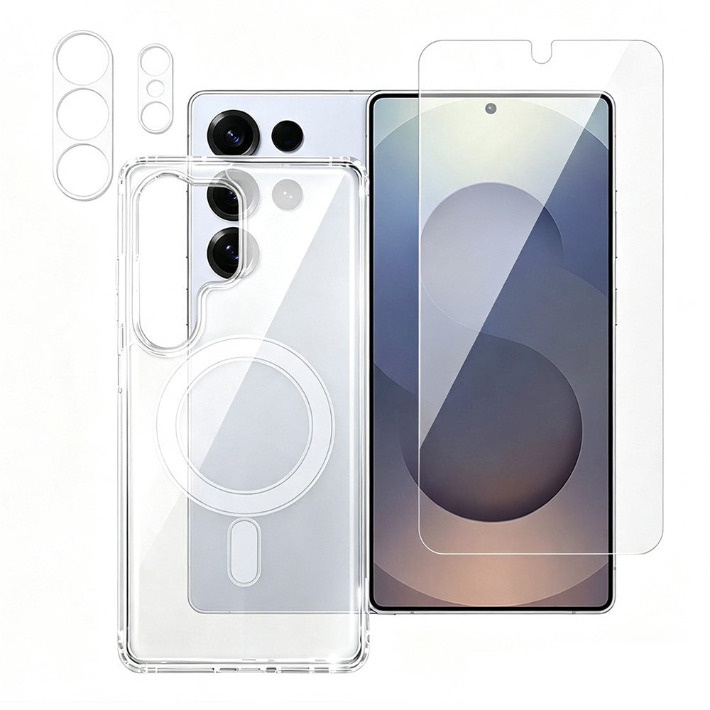 For Samsung Galaxy S25 Ultra Magnetic Case TPU + Acrylic Phone Cover with Ultra Thin Fingerprint Unlock Screen Protector + Clear Lens Film