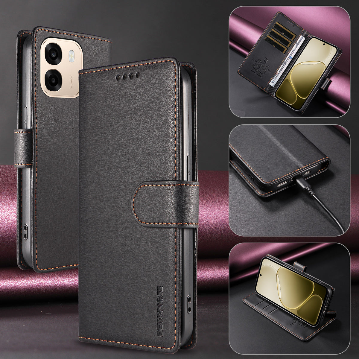 BETOPNICE for Oppo A6x 4G / Oppo A6x 5G (India) / Oppo A6c 4G / Oppo A6t 4G / Oppo A6t 5G / Oppo A6 4G / Oppo A6 5G / Oppo A6 Pro 5G (India) / Oppo A6k 5G / Oppo A6x 5G 006 Case RFID Blocking Wallet Stand Leather Phone Cover with Wrist Strap