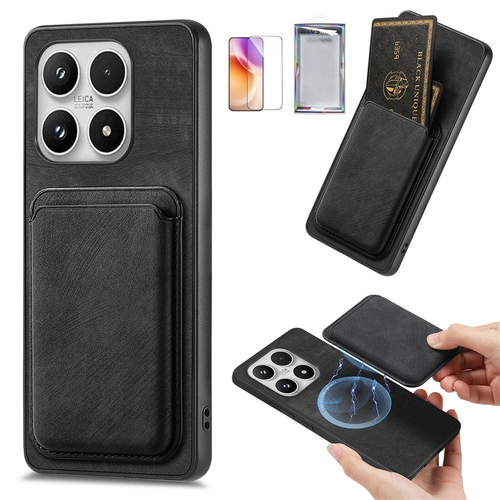 Magnetiskt skal för Xiaomi 17 med härdat glas, avtagbart korthållare, läderbaksida för mobil