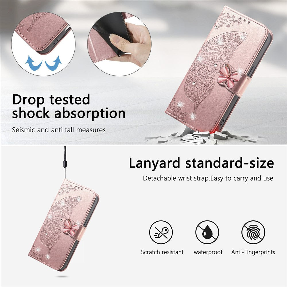 Läderfodral för Xiaomi 17 med härdat glas, strass, fjärilsfodral för mobil