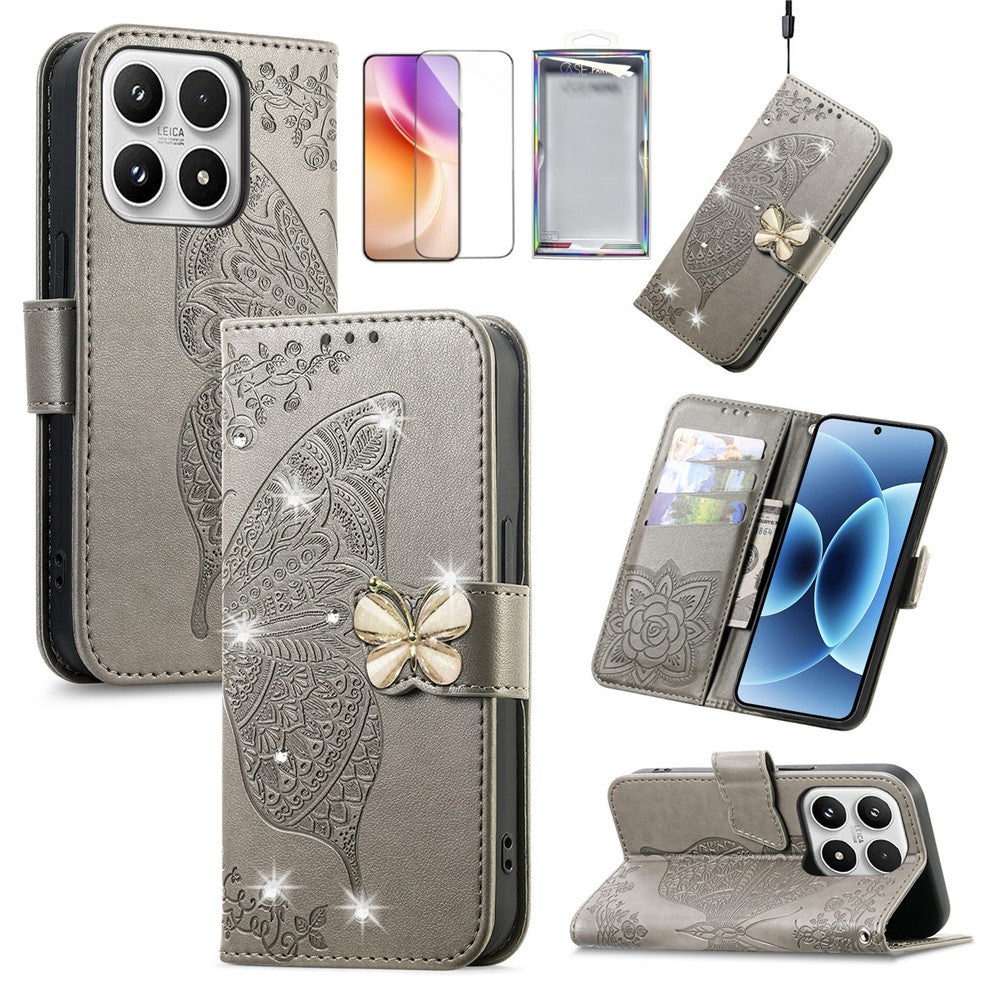 Läderfodral för Xiaomi 17 med härdat glas, strass, fjärilsfodral för mobil