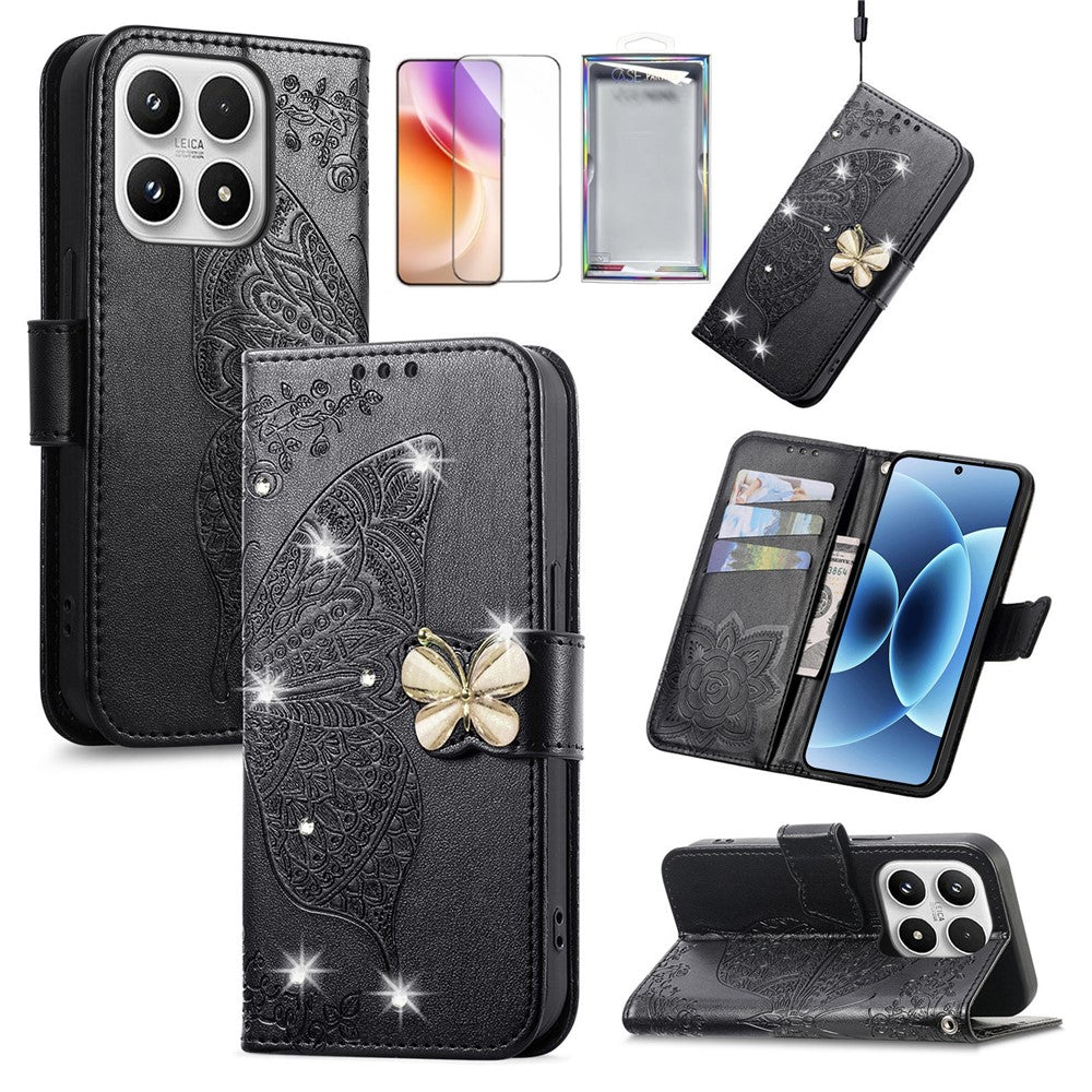 Läderfodral för Xiaomi 17 med härdat glas, strass, fjärilsfodral för mobil