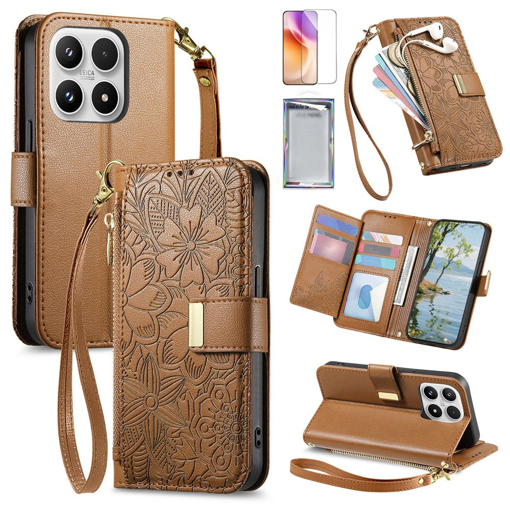For Xiaomi 17 Leather Case with Tempered Glass Flim Flower Leaf Zipper Wallet Phone Cover