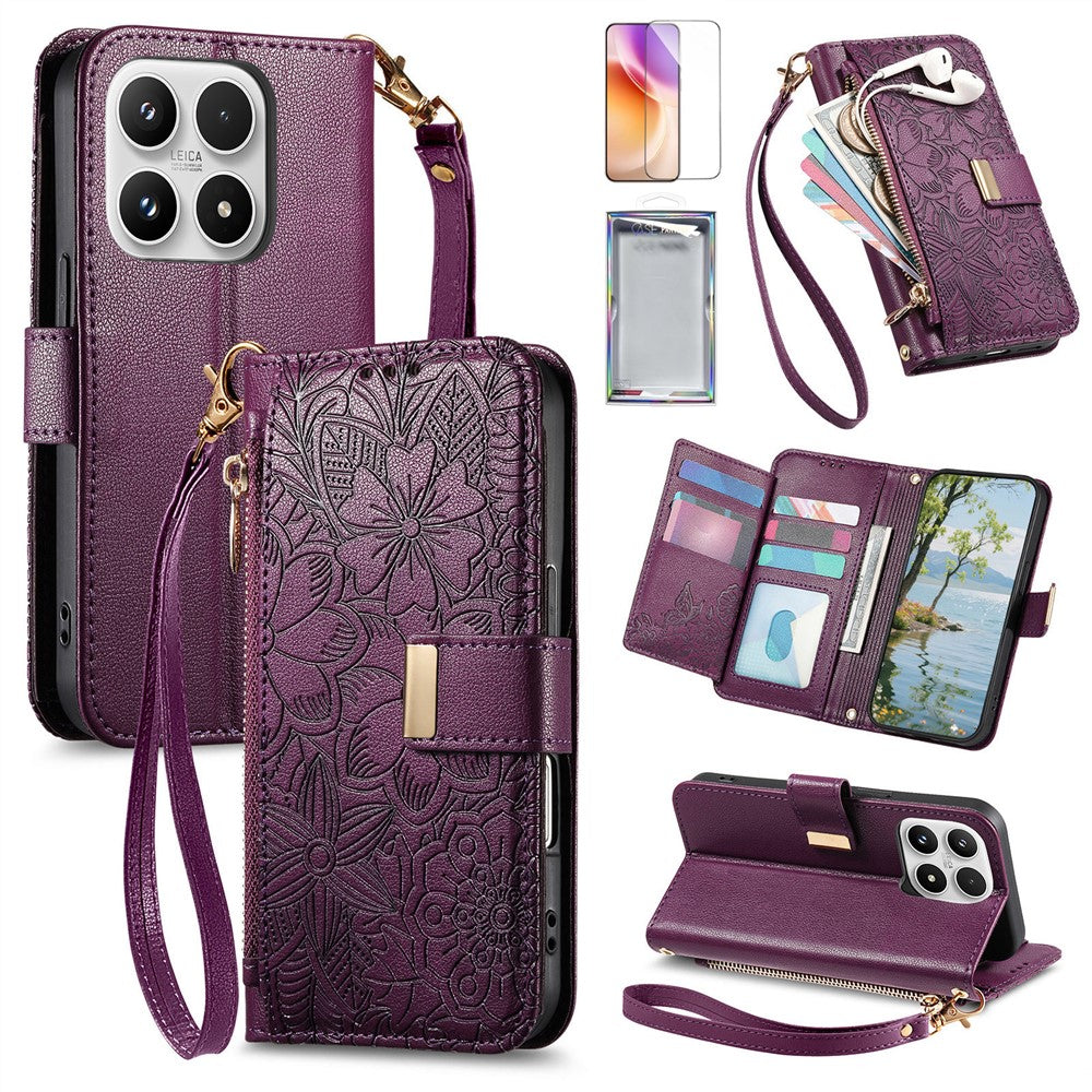 For Xiaomi 17 Leather Case with Tempered Glass Flim Flower Leaf Zipper Wallet Phone Cover