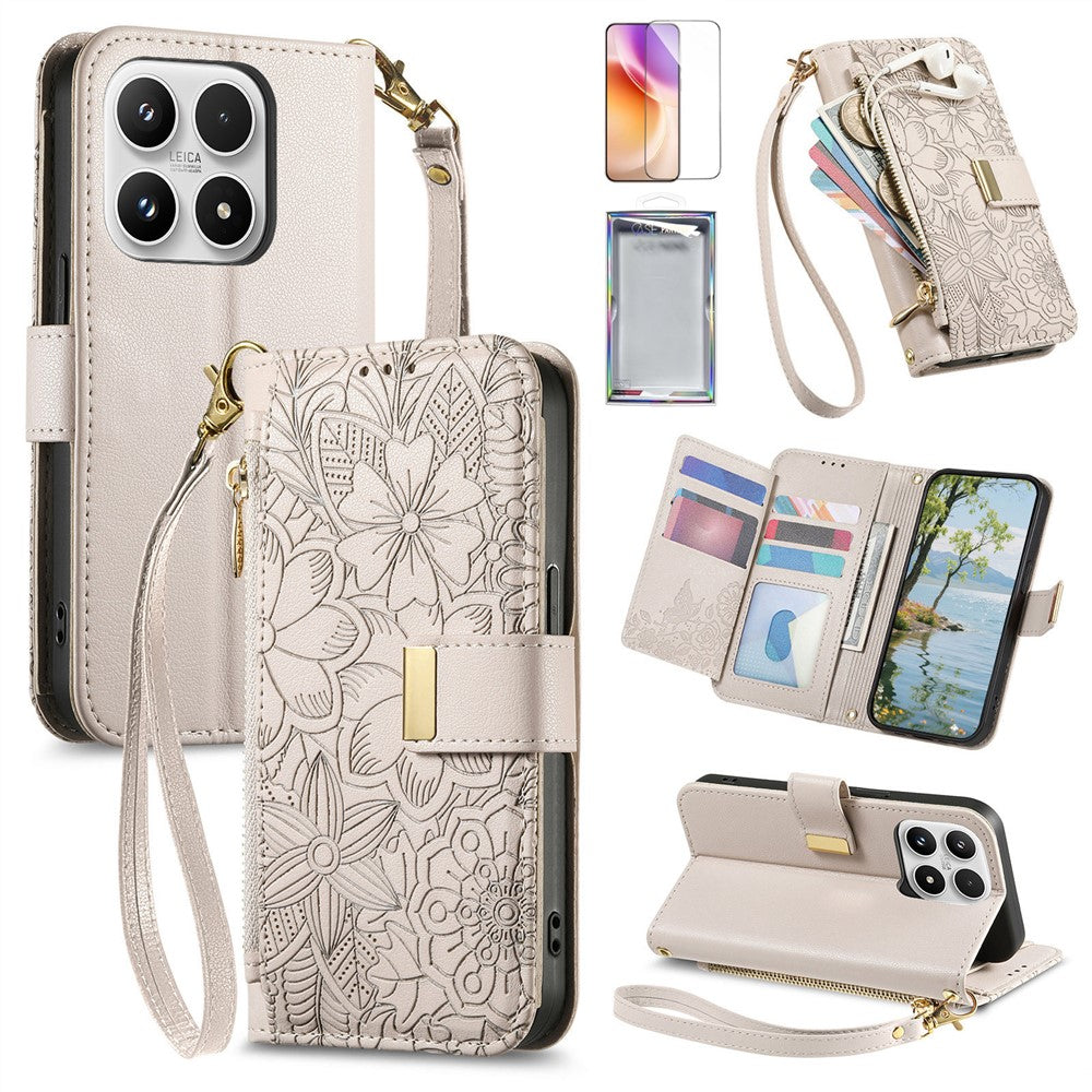 For Xiaomi 17 Leather Case with Tempered Glass Flim Flower Leaf Zipper Wallet Phone Cover
