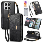 For Xiaomi 17 Leather Case with Tempered Glass Flim Flower Leaf Zipper Wallet Phone Cover