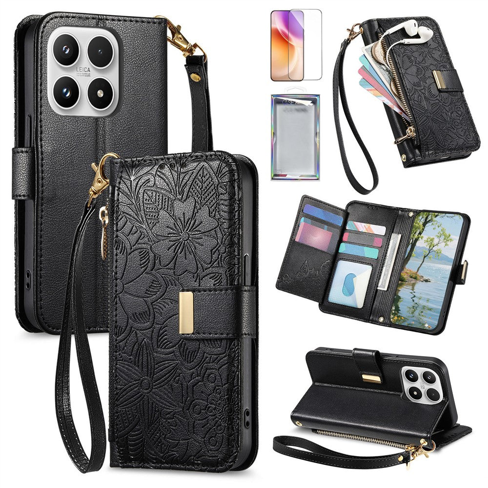 For Xiaomi 17 Leather Case with Tempered Glass Flim Flower Leaf Zipper Wallet Phone Cover