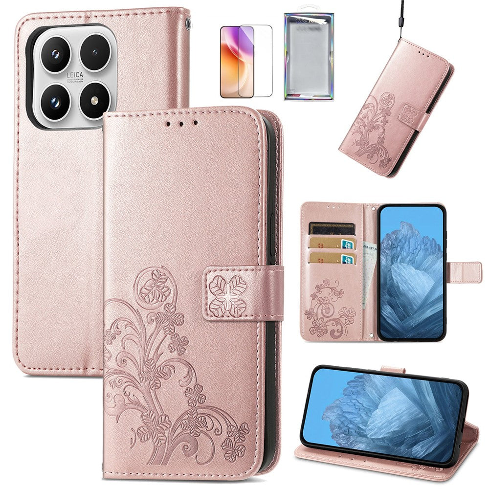 For Xiaomi 17 Case with Tempered Glass Flim Four-Leaf Clover Leather Wallet Phone Cover