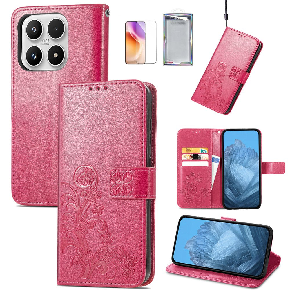 For Xiaomi 17 Case with Tempered Glass Flim Four-Leaf Clover Leather Wallet Phone Cover