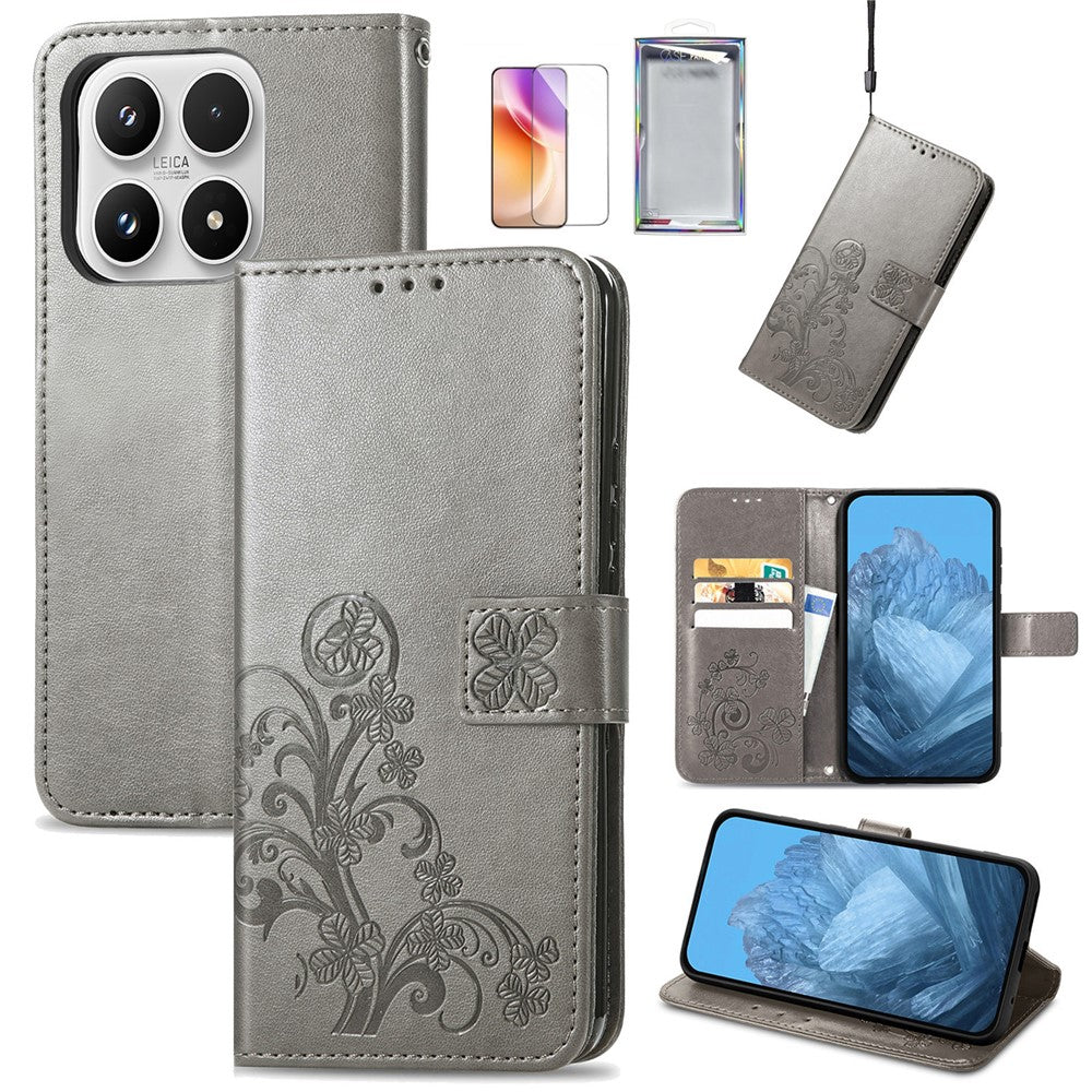 For Xiaomi 17 Case with Tempered Glass Flim Four-Leaf Clover Leather Wallet Phone Cover