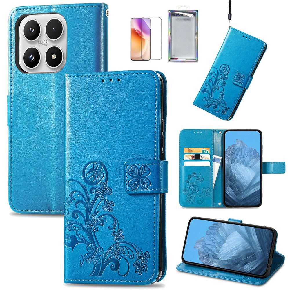 For Xiaomi 17 Case with Tempered Glass Flim Four-Leaf Clover Leather Wallet Phone Cover