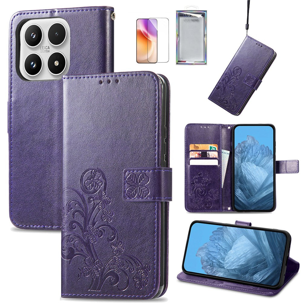 For Xiaomi 17 Case with Tempered Glass Flim Four-Leaf Clover Leather Wallet Phone Cover