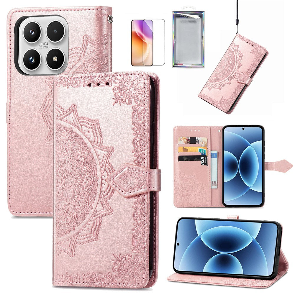 For Xiaomi 17 Leather Case with Tempered Glass Flim Mandala Flower Wallet Phone Cover