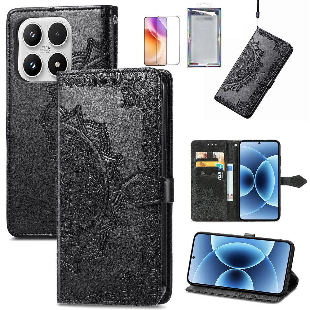 For Xiaomi 17 Leather Case with Tempered Glass Flim Mandala Flower Wallet Phone Cover