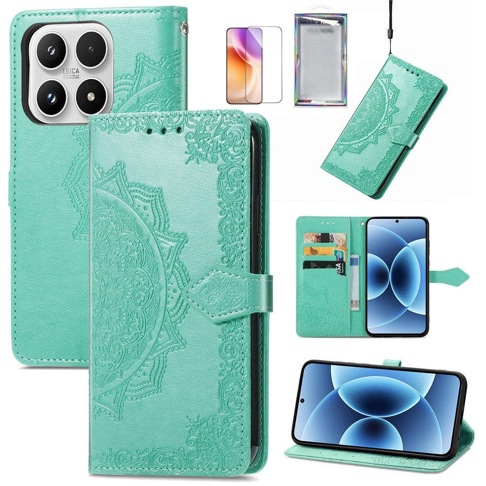 For Xiaomi 17 Leather Case with Tempered Glass Flim Mandala Flower Wallet Phone Cover