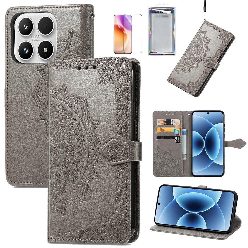 For Xiaomi 17 Leather Case with Tempered Glass Flim Mandala Flower Wallet Phone Cover