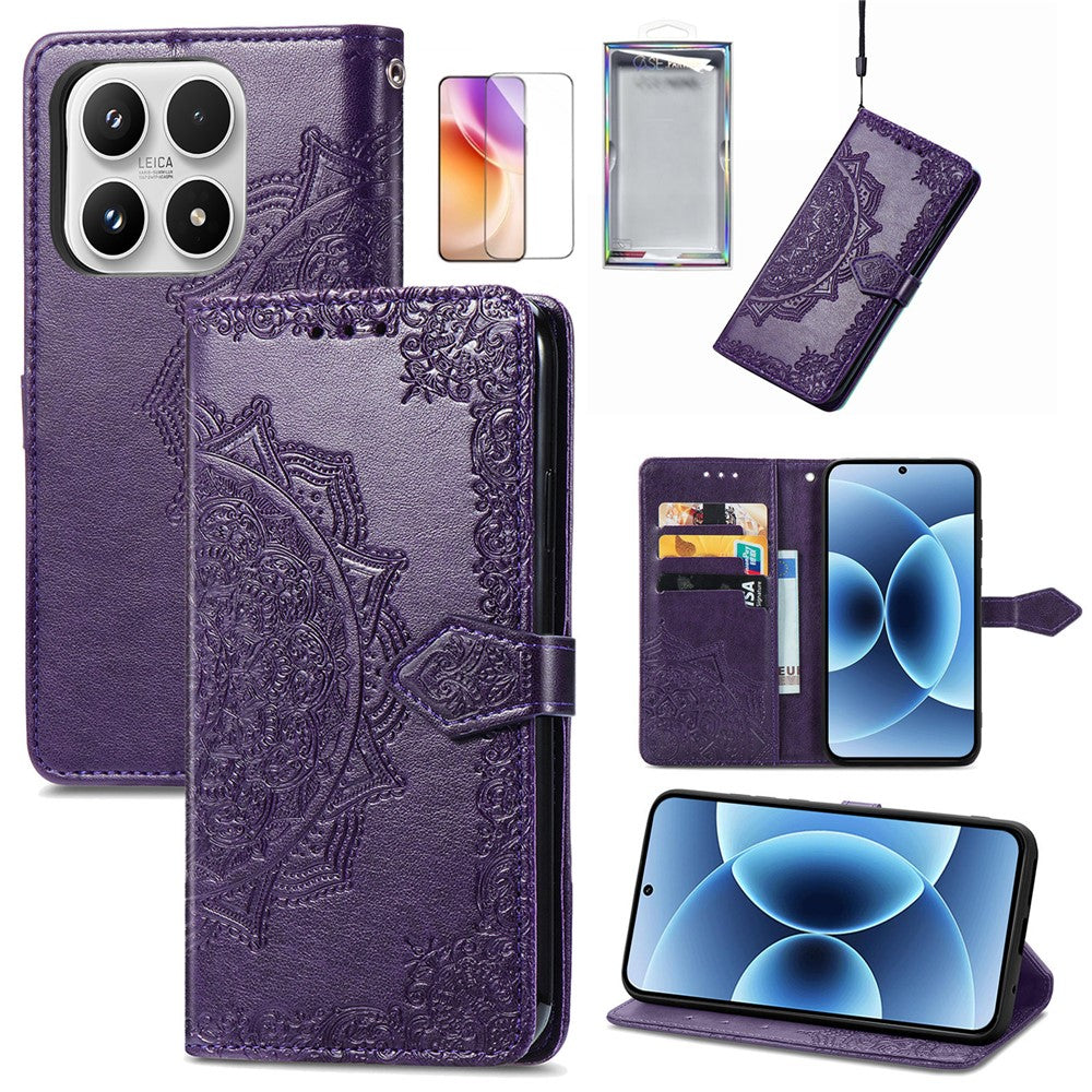 For Xiaomi 17 Leather Case with Tempered Glass Flim Mandala Flower Wallet Phone Cover