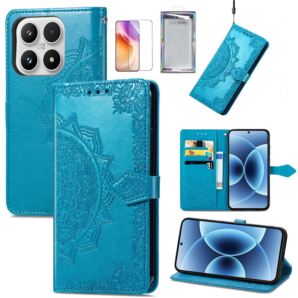 For Xiaomi 17 Leather Case with Tempered Glass Flim Mandala Flower Wallet Phone Cover