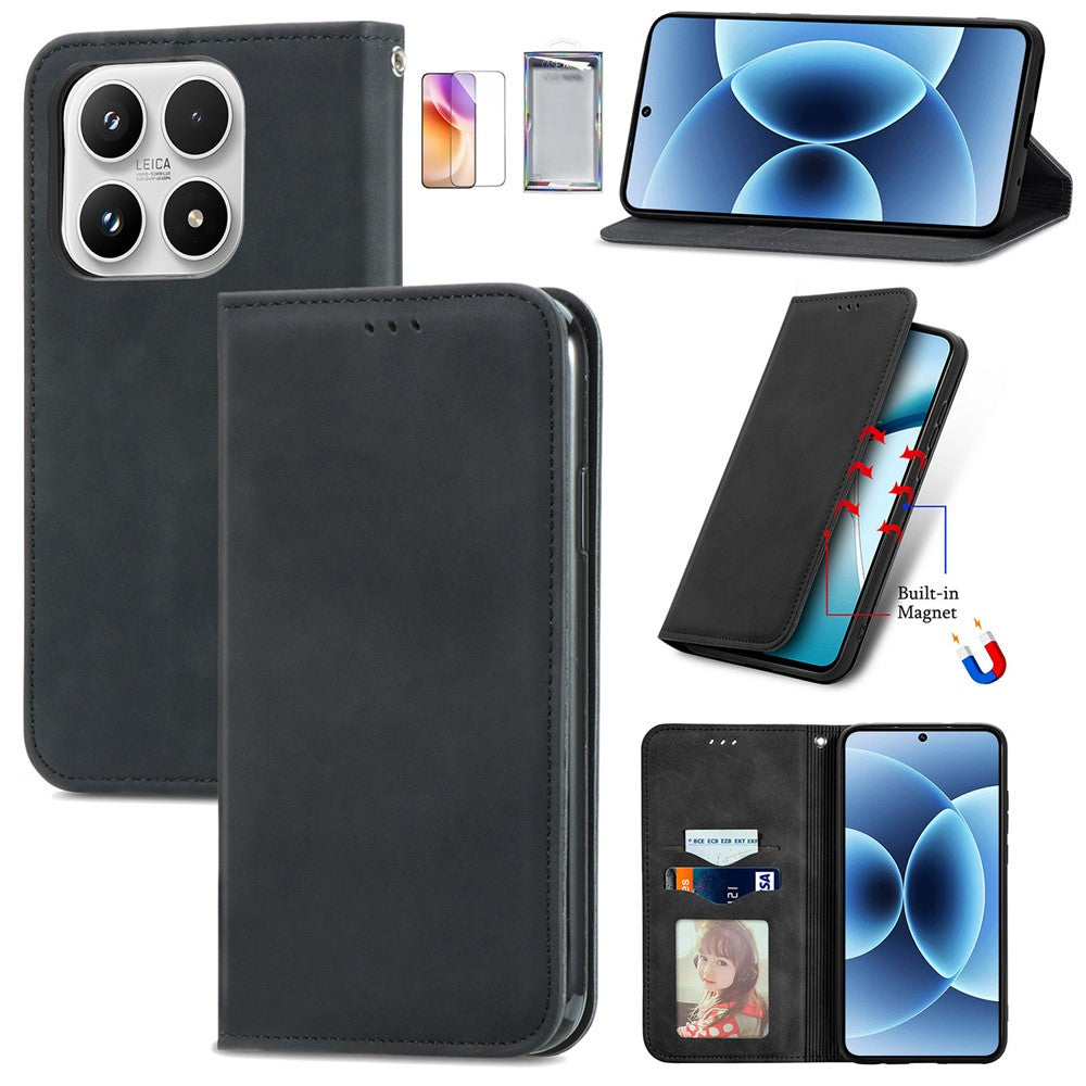 For Xiaomi 17 Leather Case with Tempered Glass Flim Card Holder Magnetic Closing Phone Cover