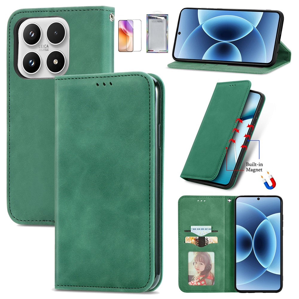 For Xiaomi 17 Leather Case with Tempered Glass Flim Card Holder Magnetic Closing Phone Cover
