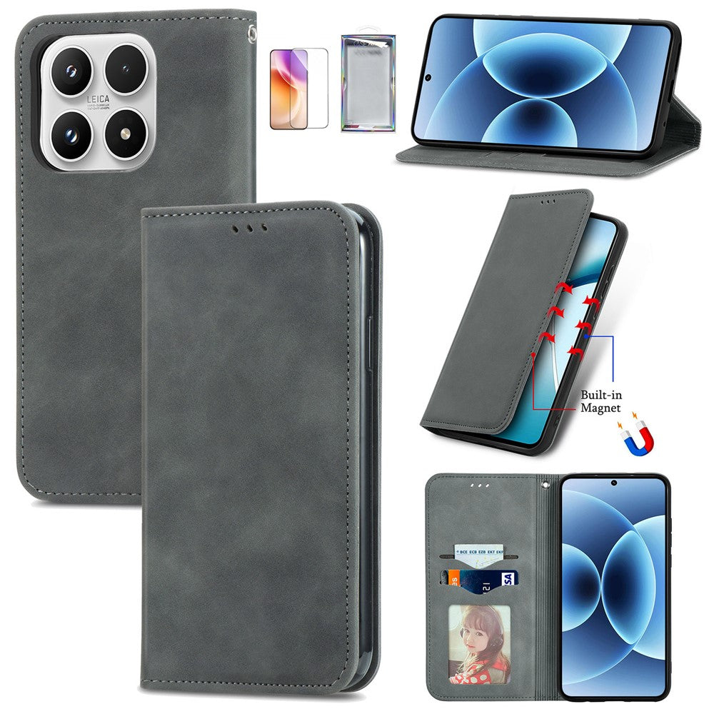 For Xiaomi 17 Leather Case with Tempered Glass Flim Card Holder Magnetic Closing Phone Cover