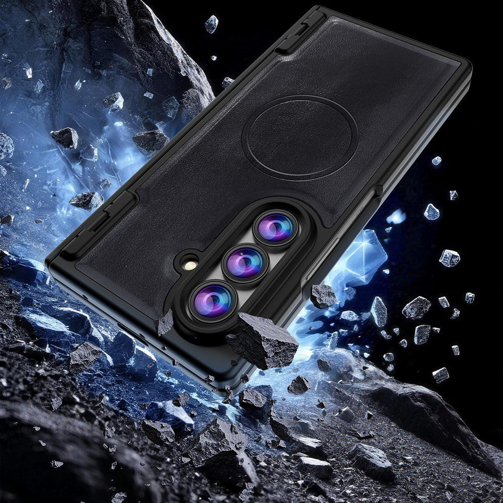 For Samsung Galaxy Z Fold8 Ultra Magnetic Case Hinge Protection PU Leather Coated PC Phone Cover with HD Tempered Glass Screen Protector