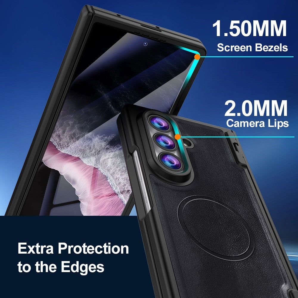For Samsung Galaxy Z Fold8 Ultra Magnetic Case Hinge Protection PU Leather Coated PC Phone Cover with HD Tempered Glass Screen Protector