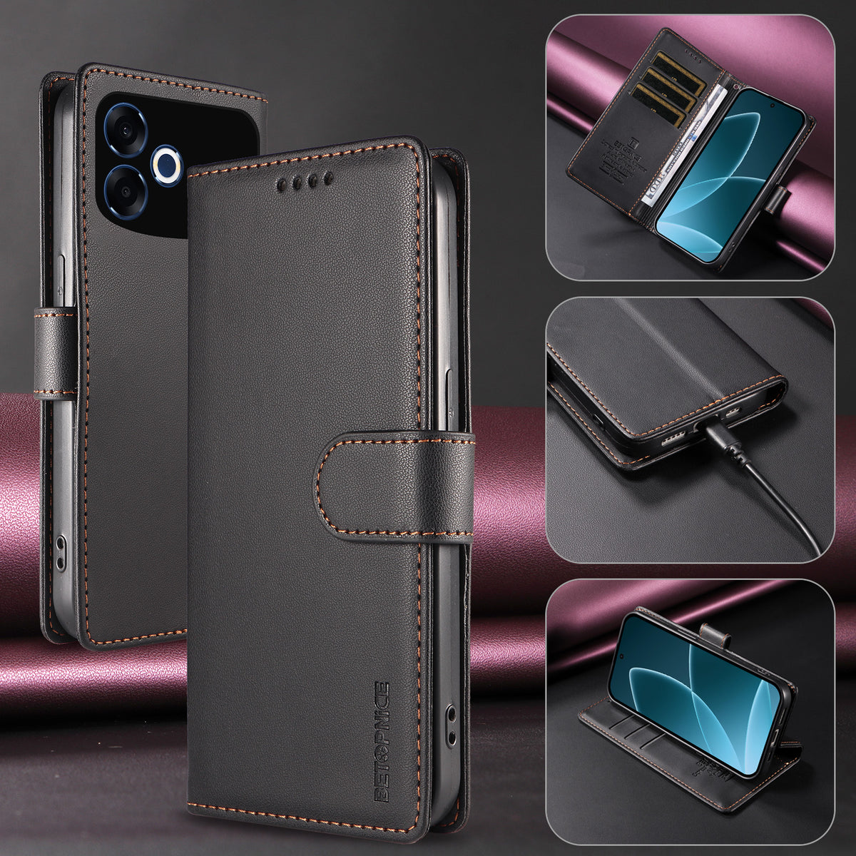 BETOPNICE for Oppo F33 Pro 5G / Oppo A6s Pro 5G 006 Case RFID Blocking Wallet Stand Leather Phone Cover with Wrist Strap