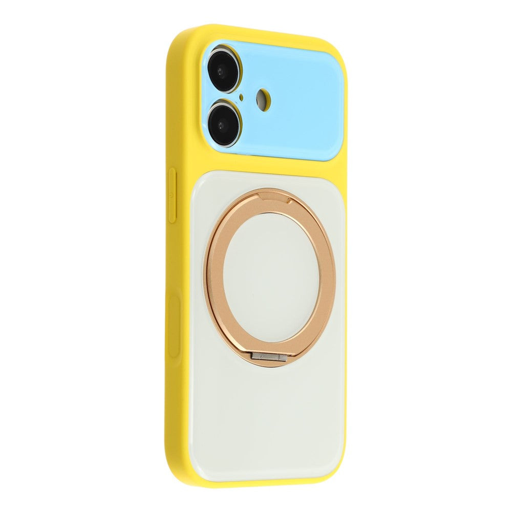 For iPhone 16 Case Magnetic Rotating Kickstand Colorblock Design PC + TPU Phone Cover