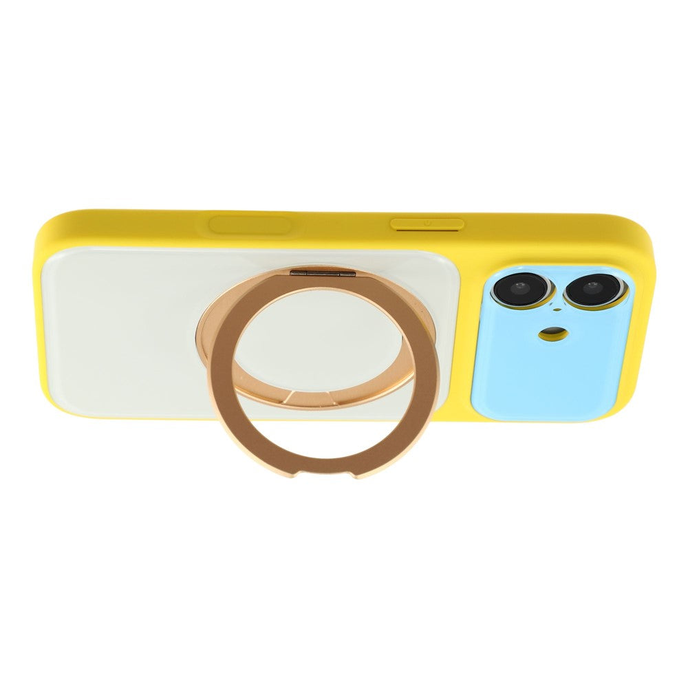 For iPhone 16 Case Magnetic Rotating Kickstand Colorblock Design PC + TPU Phone Cover