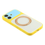 For iPhone 16 Case Magnetic Rotating Kickstand Colorblock Design PC + TPU Phone Cover