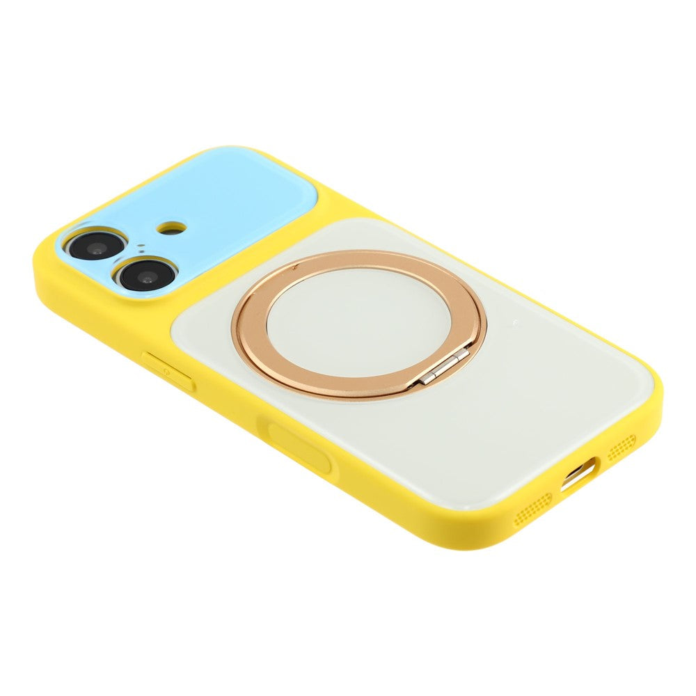 For iPhone 16 Case Magnetic Rotating Kickstand Colorblock Design PC + TPU Phone Cover