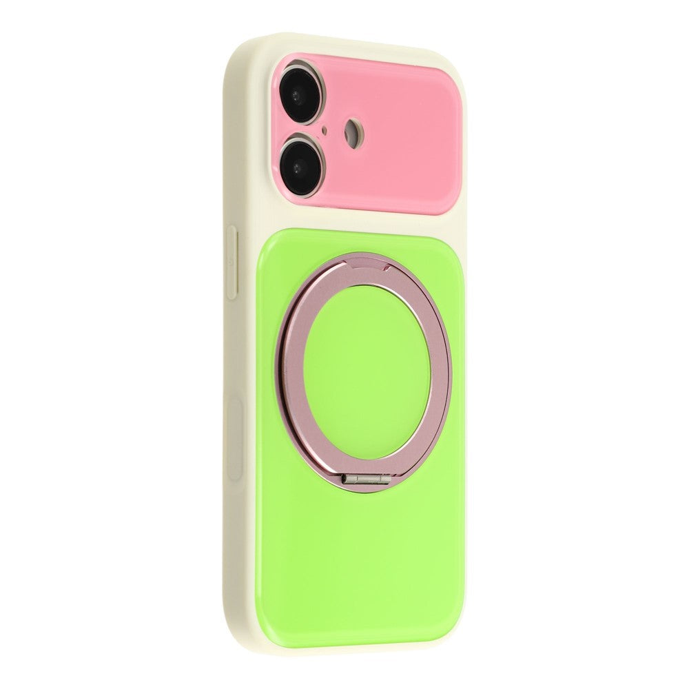 For iPhone 16 Case Magnetic Rotating Kickstand Colorblock Design PC + TPU Phone Cover