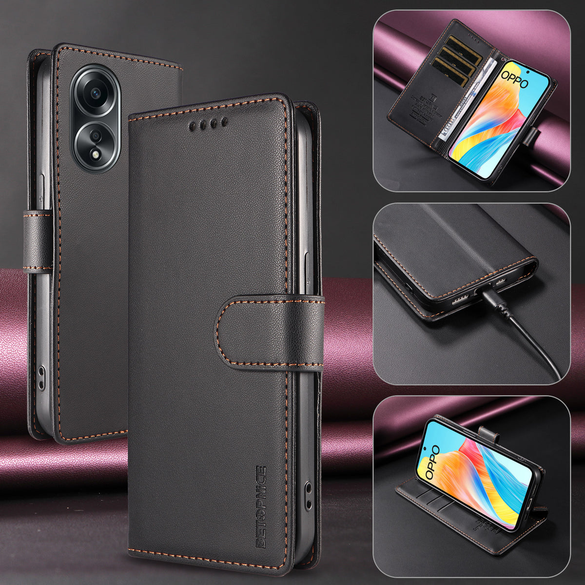 BETOPNICE for Oppo A58 4G 006 Case RFID Blocking Wallet Stand Leather Phone Cover with Wrist Strap