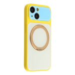 For iPhone 14 Case Magnetic Rotating Kickstand Colorblock Design PC + TPU Phone Cover