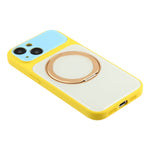 For iPhone 14 Case Magnetic Rotating Kickstand Colorblock Design PC + TPU Phone Cover