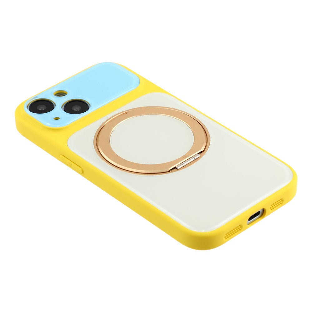 For iPhone 14 Case Magnetic Rotating Kickstand Colorblock Design PC + TPU Phone Cover