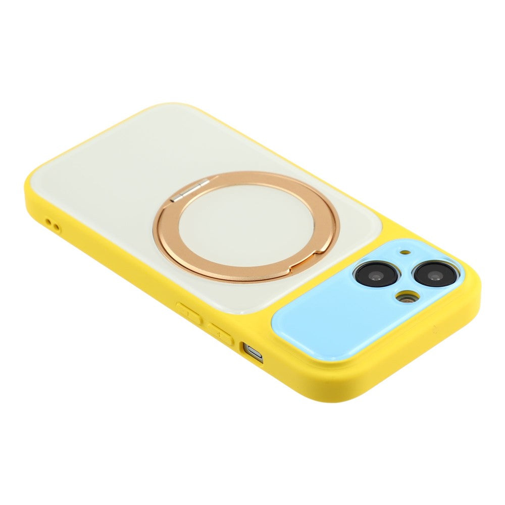 For iPhone 14 Case Magnetic Rotating Kickstand Colorblock Design PC + TPU Phone Cover